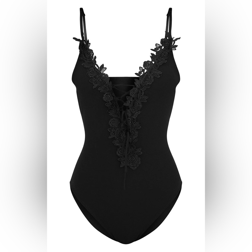Pretty little thing black, crochet, lace, detailed bodysuit size 4